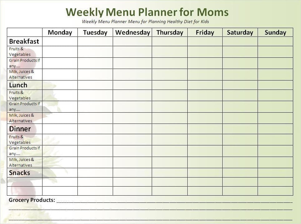 Fast Metabolism Diet Weekly Manu Planner Template