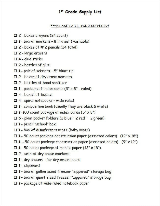 First Grade Supply List Template Word