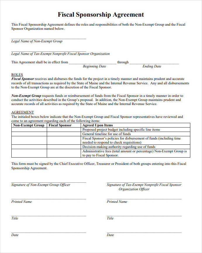 Fiscal Sponsorship Agreement Template