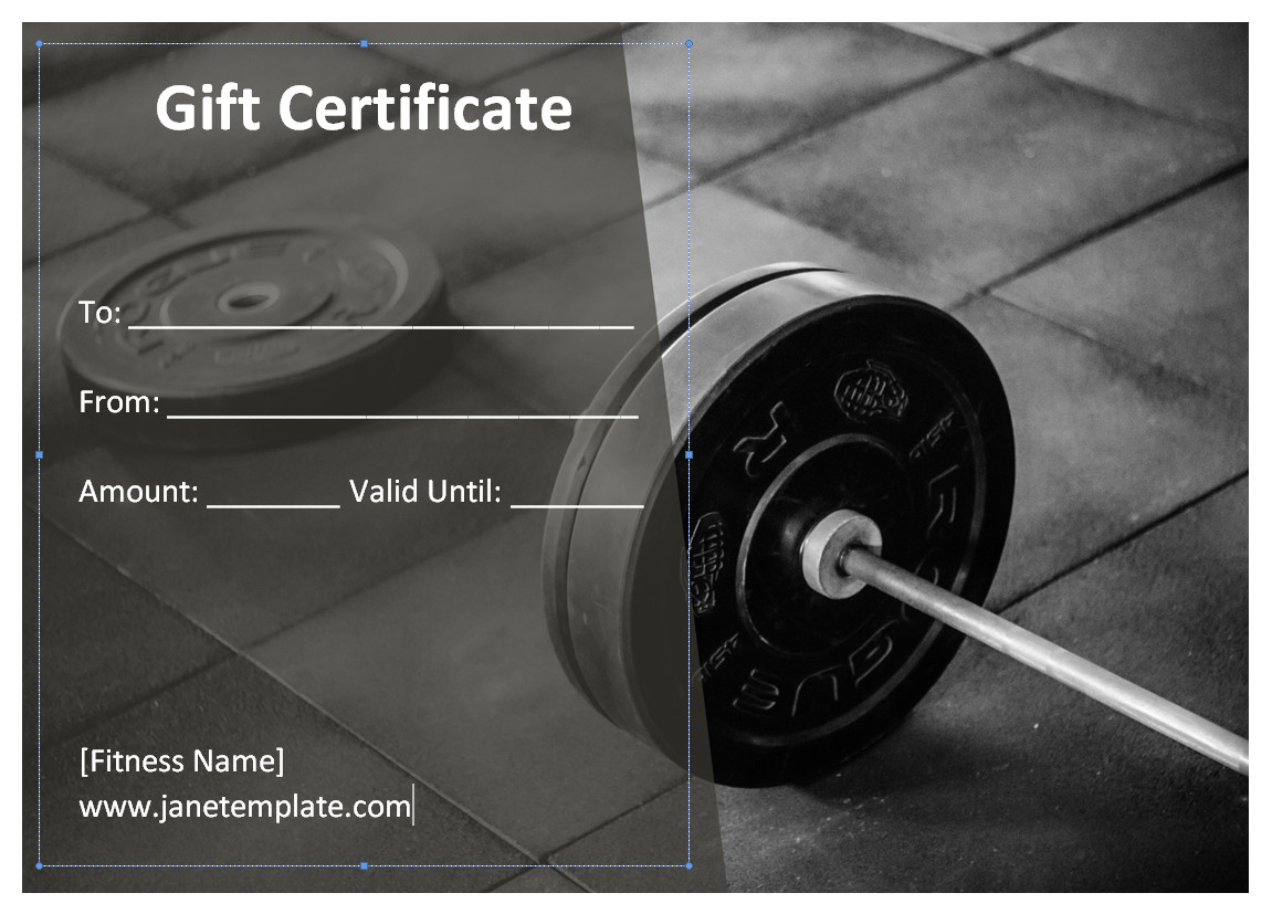 Modern fitness gift certificate template featuring an energetic design including area for redemption information.