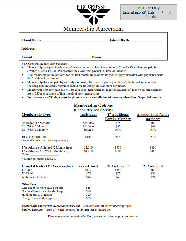 Fitness Membership Agreement Template