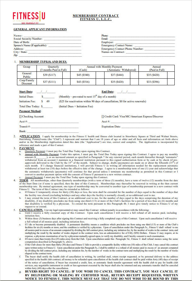 Fitness Membership Gym Contract Template