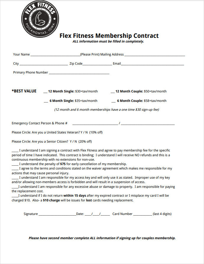 Flex Fitness Gym Membership Contract Template