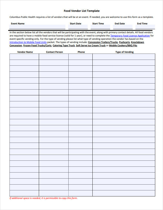 Food Vendor List Template