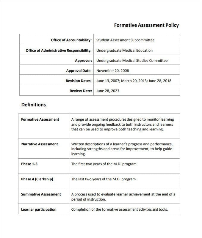 Formative Assessment Policy Template