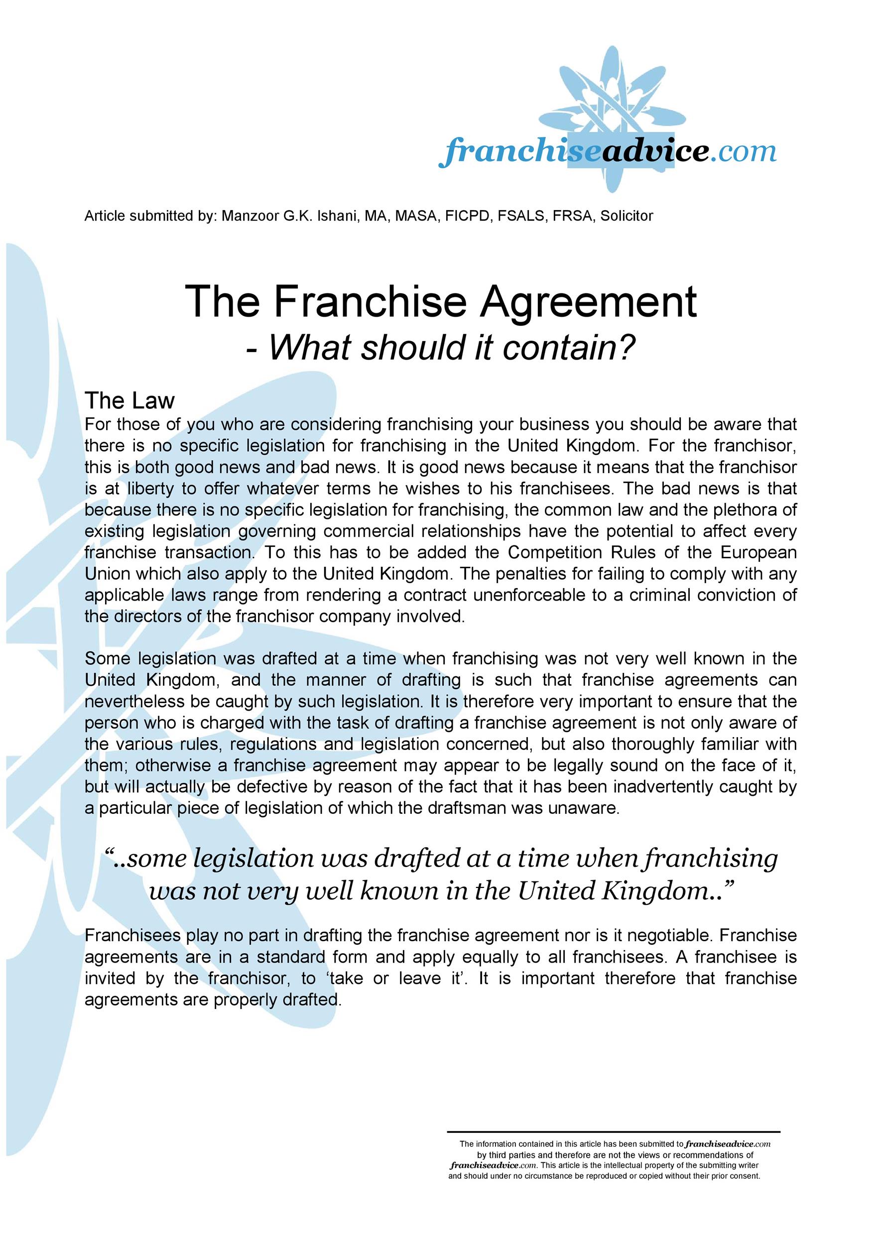 Franchise Contract Template Example