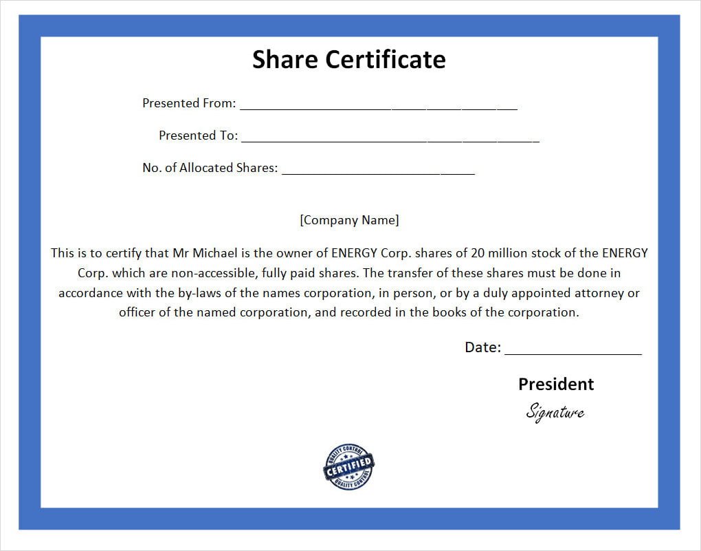 Free Editable Stock Certificate Template Word