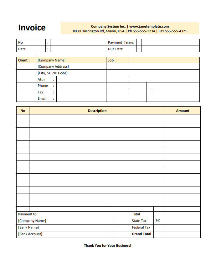 Customizable freelance invoice template for billing clients with fields for services provided, rates, and payment terms.