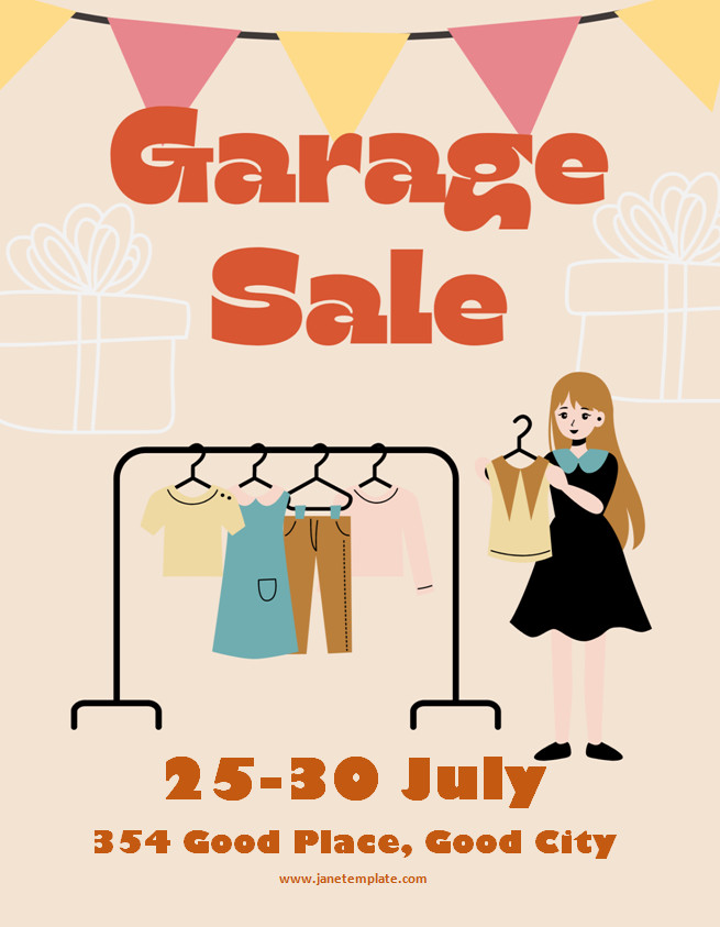 Bright garage sale flyer template with sections for sale date, time, and location.