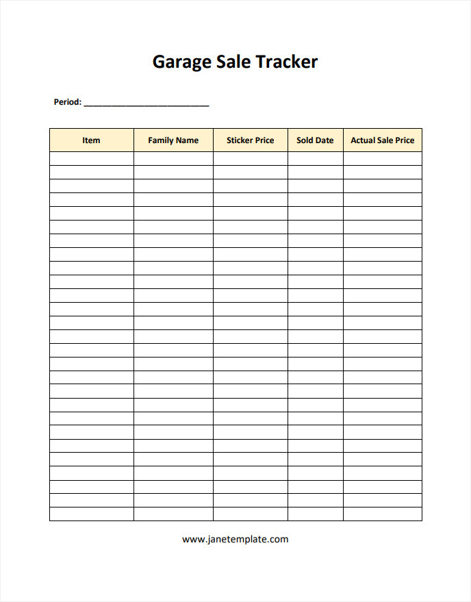 Sample Printable Blank Garage Sale Tracker Sheet Template