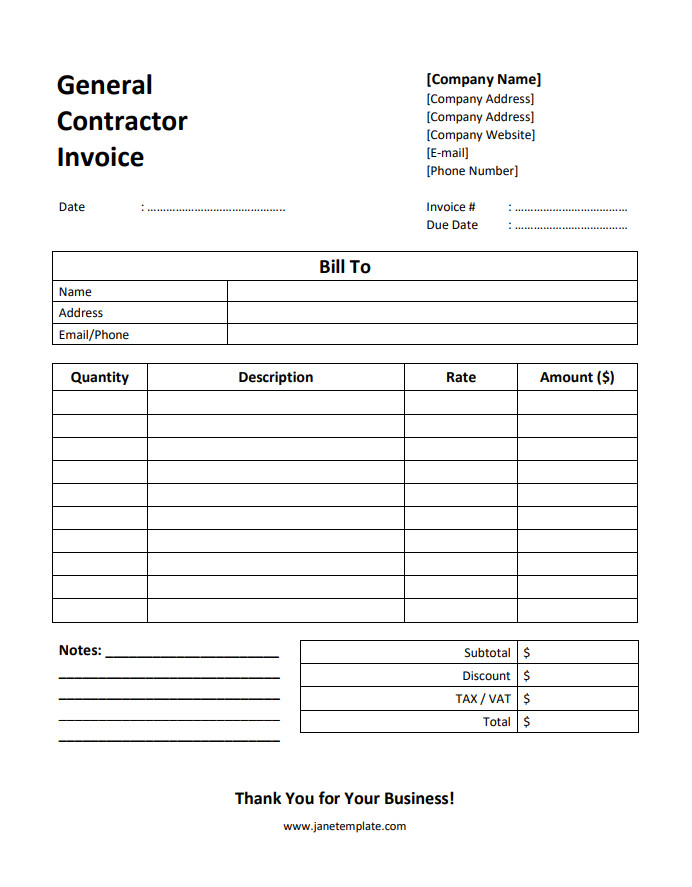 Professional general contractor invoice template featuring client details, itemized services, and payment terms.