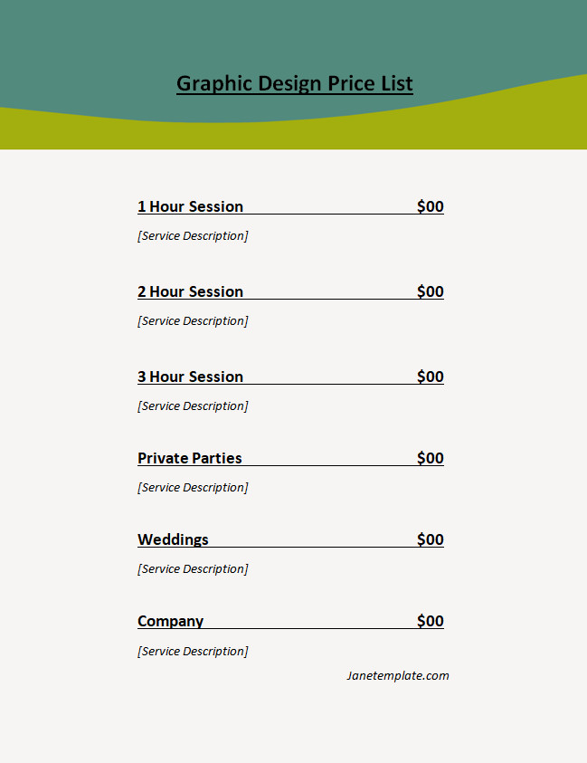 Professional graphic design price list template featuring sections for different design services with prices.