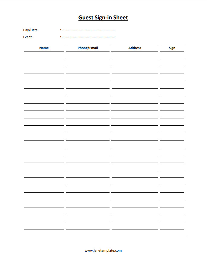 Professional sign-in sheet template featuring space for event title, date, and guest signatures.