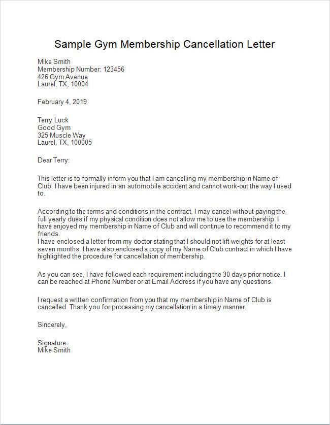 Gym Membership Cancellation Letter Template