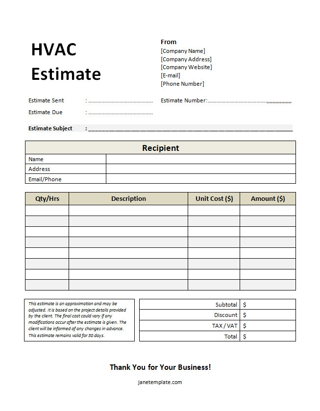 HVAC Estimate Template with sections for system details, labor costs, and equipment pricing