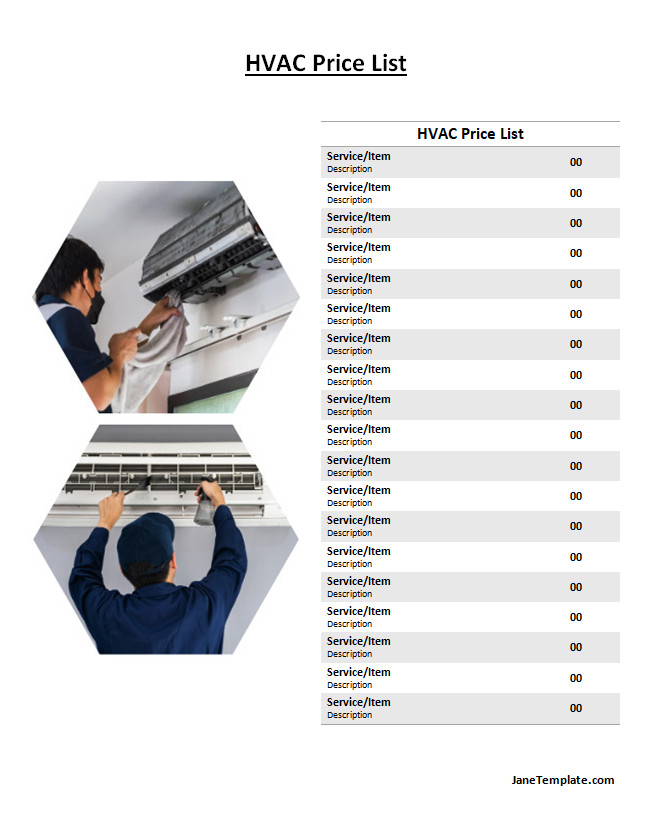 Professional HVAC price list template featuring sections for various services.