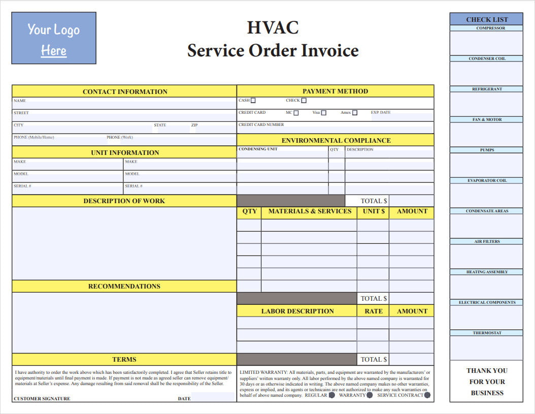 HVAC Service Order Invoice Template