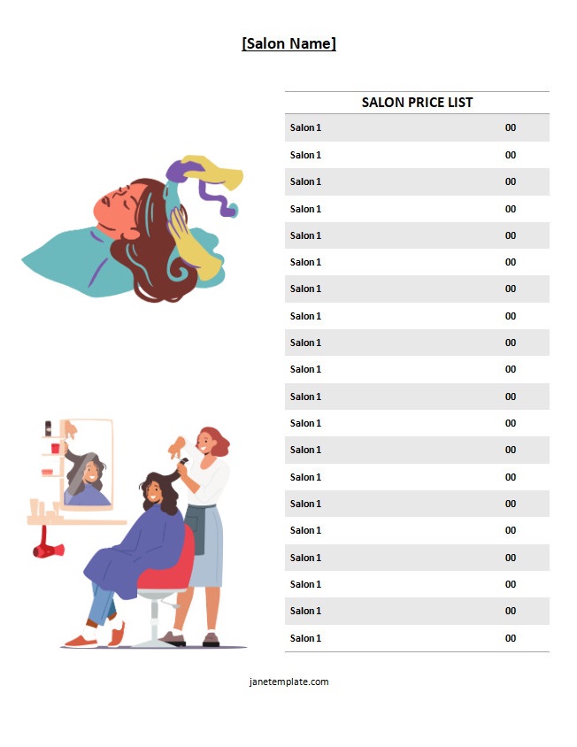 Professional hair salon price list template with sections for different services.