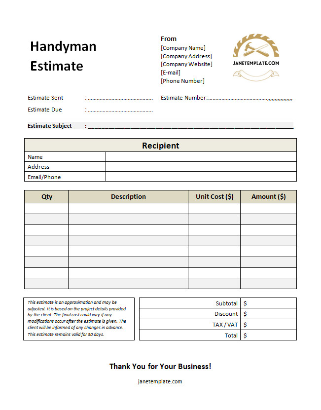 Handyman estimate template featuring fields for client information, project scope, and itemized costs.