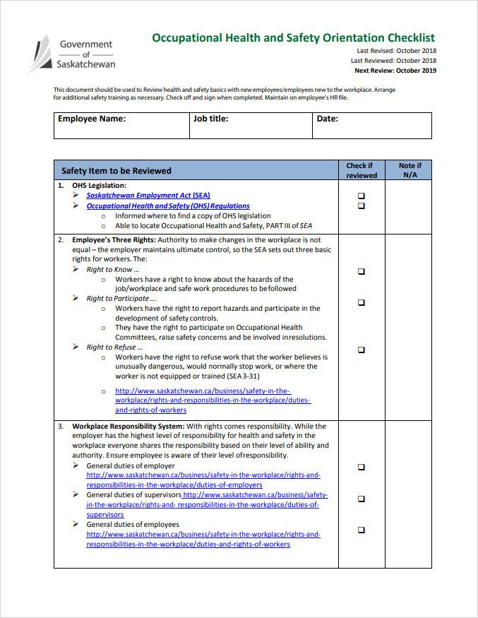 Health And Safety Orientation Checklist Template