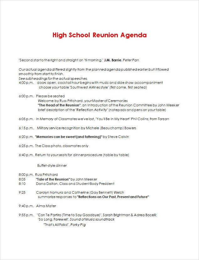 High School Family Reunion Agenda Template Word