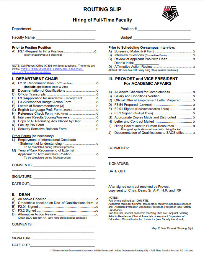 Hiring of Full Time Faculty Routing Slip Template