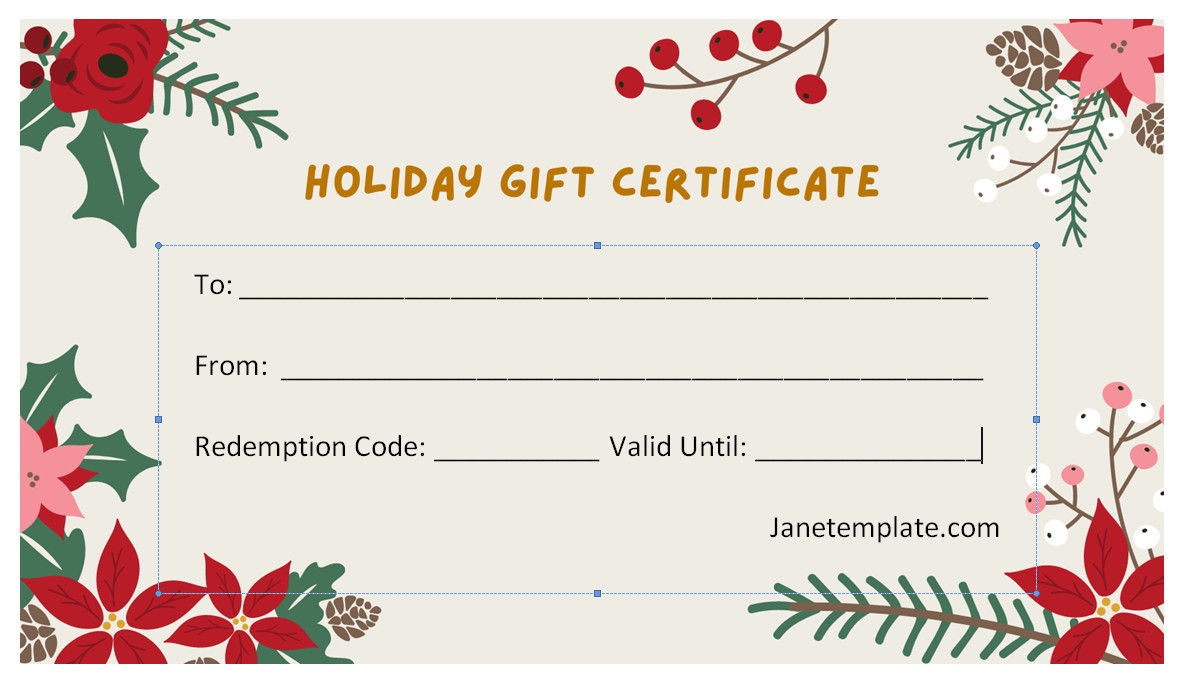 Printable Holiday Gift Certificate Template featuring a holiday-themed design with customizable fields