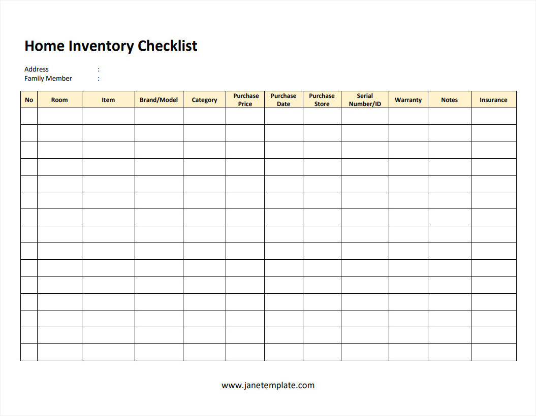 Sample Printable Blank Home Inventory Checklist Template in Word and PDF Format.