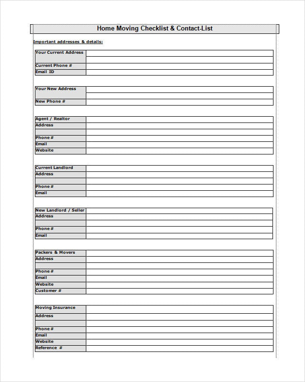 Home Moving Checklist Template Word