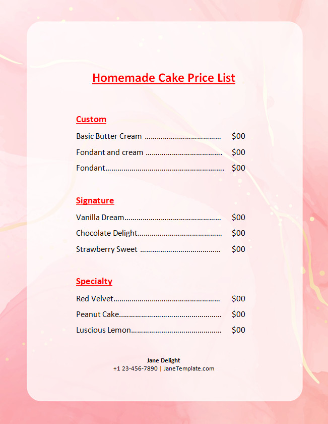 Organized homemade cake price list template showcasing itemized prices for cakes.