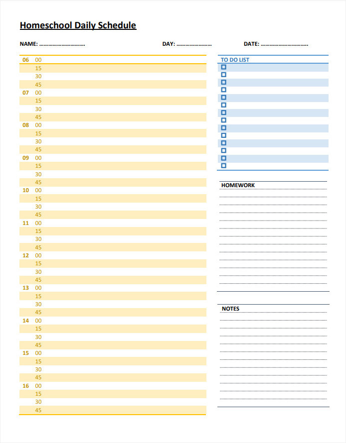 Professional homeschool daily schedule template featuring academic activities and to-do list