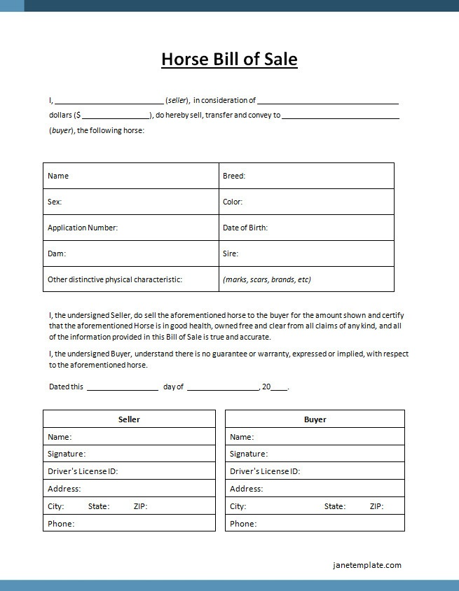 Detailed Horse Bill of Sale Template with sections for buyer and seller information, horse details, and sale price