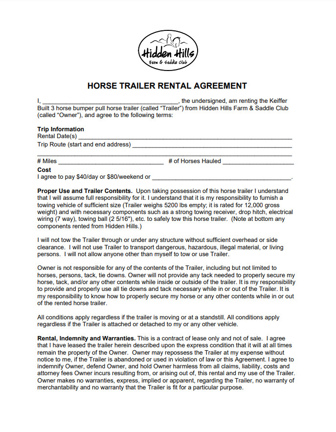 Horse Trailer Rental Agreement Template