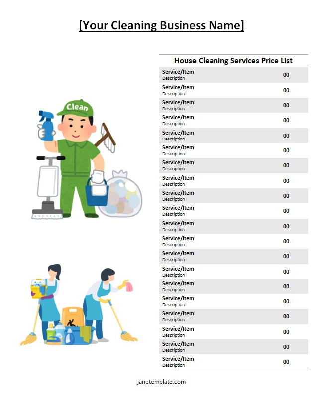 Professional house cleaning services price list template showcasing various cleaning packages, service descriptions, and rates.