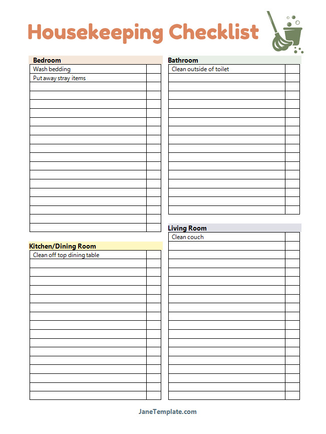 Blank housekeeping checklist template featuring fields for room-by-room cleaning activities and completion status.