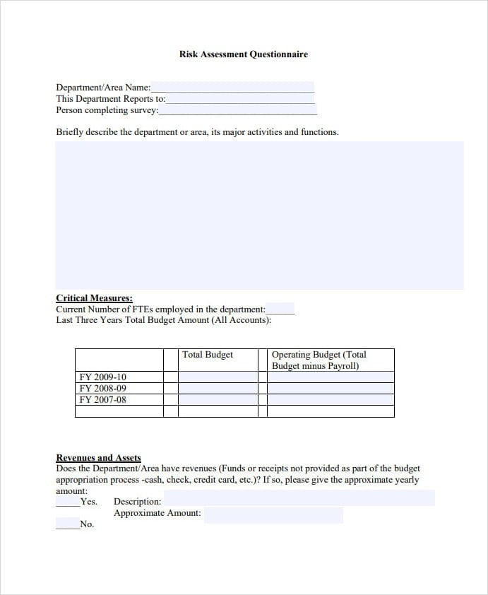 IT Risk Assessment Questionnaire Template