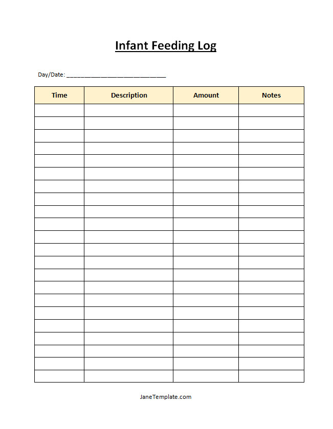 Comprehensive infant feeding log template featuring sections for recording feeding times, type of feeding, and quantities consumed.