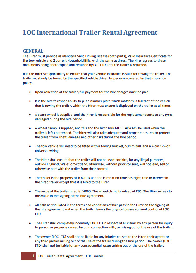 International Trailer Rental Agreement Template