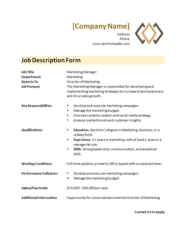 Job Description Template with Sections for Responsibilities and Qualifications