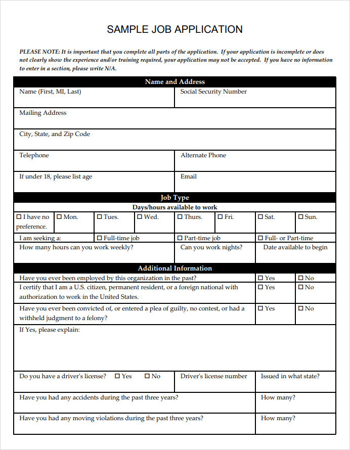 Sample Free Printable Blank Job Employment Application Template PDF Format.