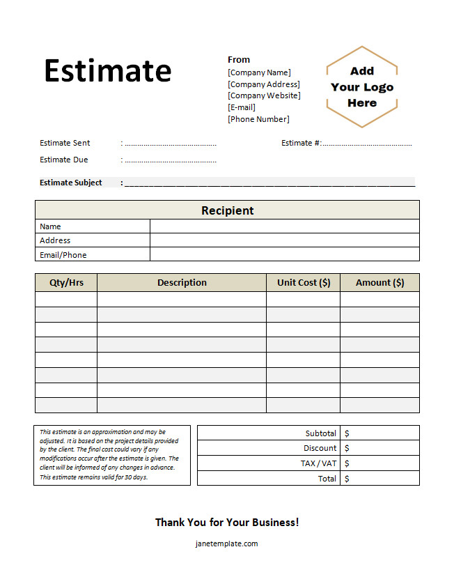 Template for job estimate showing a structured layout for listing tasks, estimated hours, and total costs.