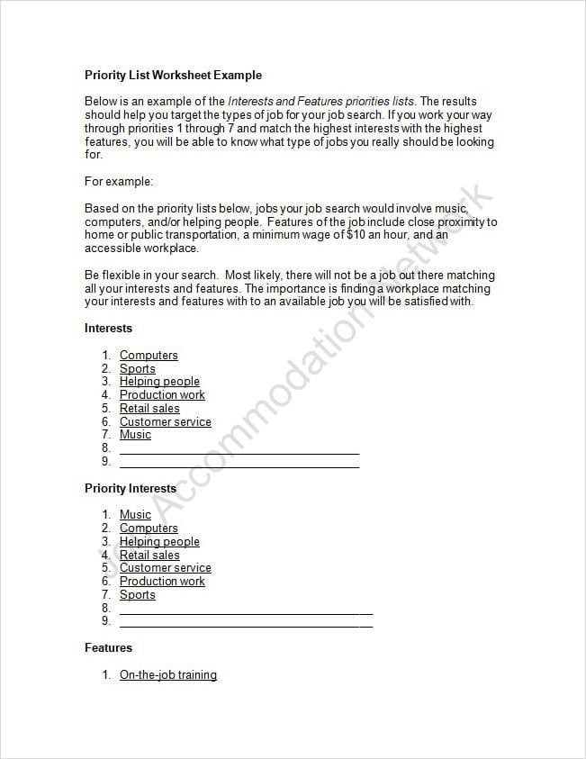 Job Priority List Worksheet Template Word