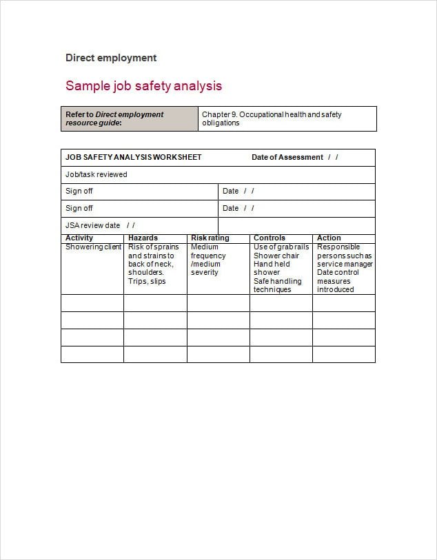 Job Safety Analysis Template For Employee