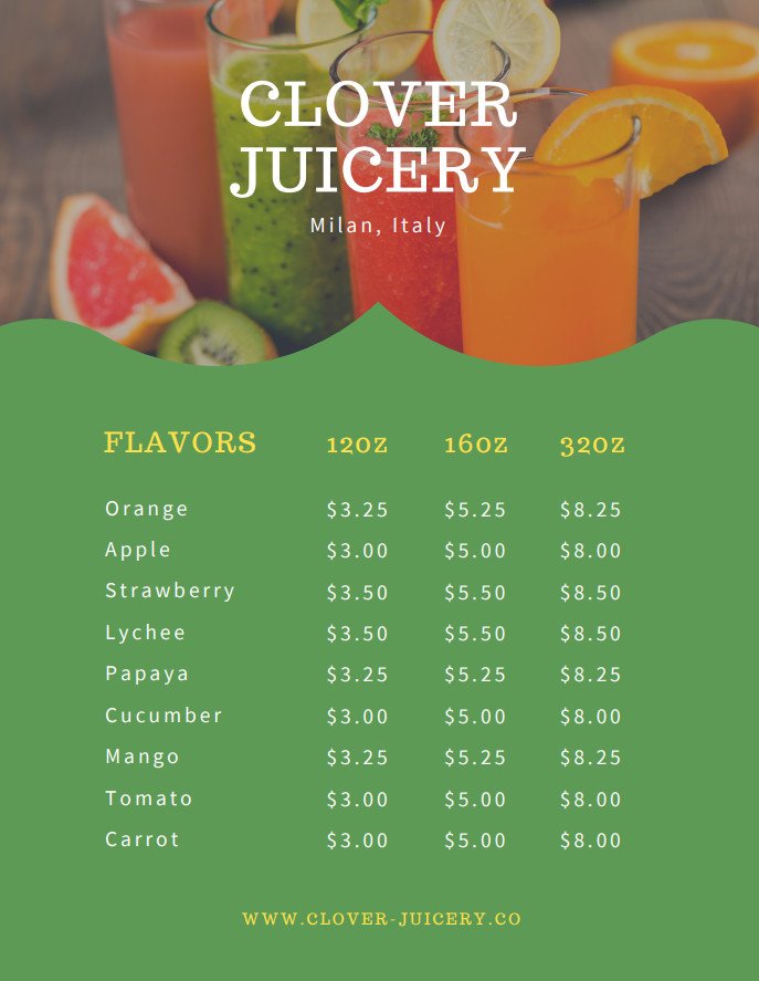 Juice Drink Menu Template