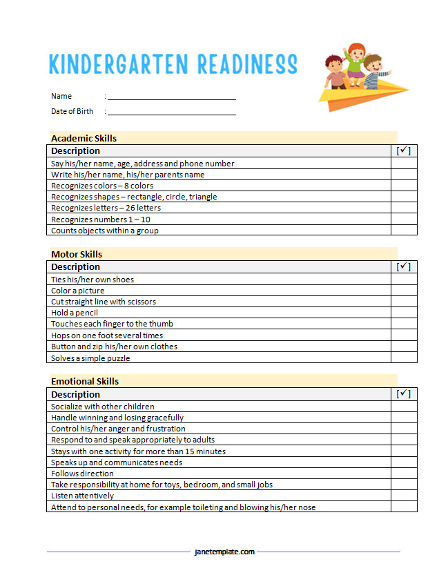 Detailed kindergarten readiness checklist template with space for documenting child's progress in various readiness categories.