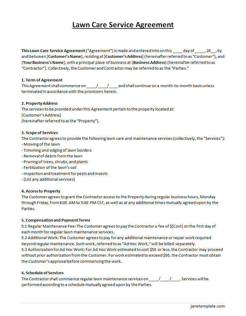 Lawn Care Contract Template with Sections for Service Details, Pricing, and Payment Terms