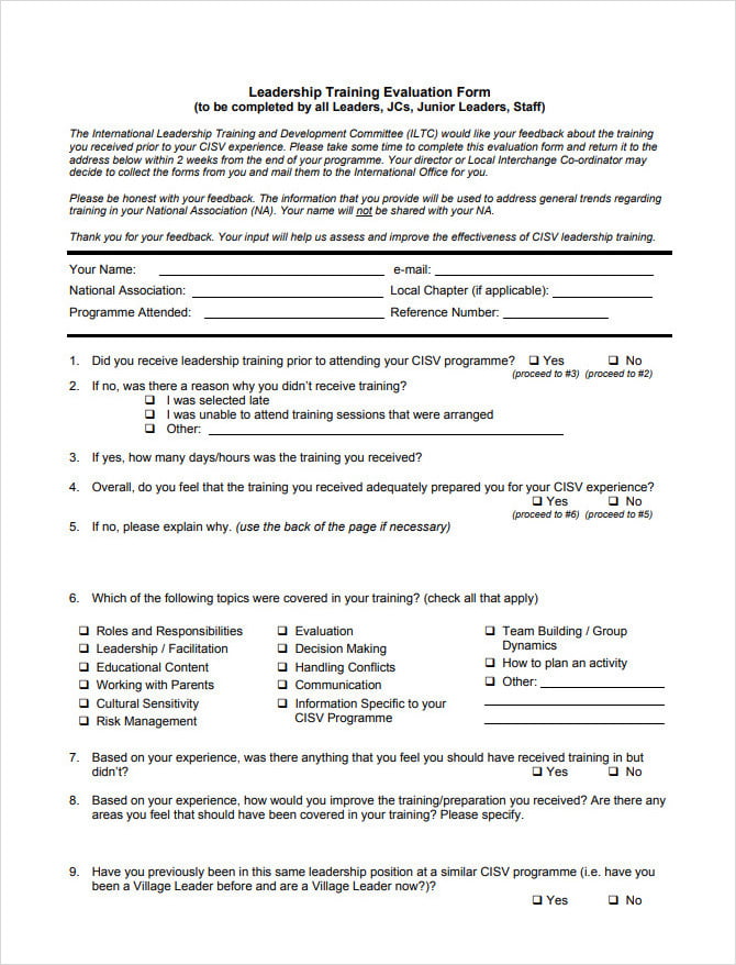 Leadership Training Evaluation Form