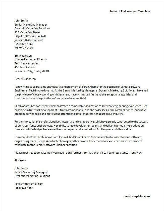 Letter of Endorsement Template