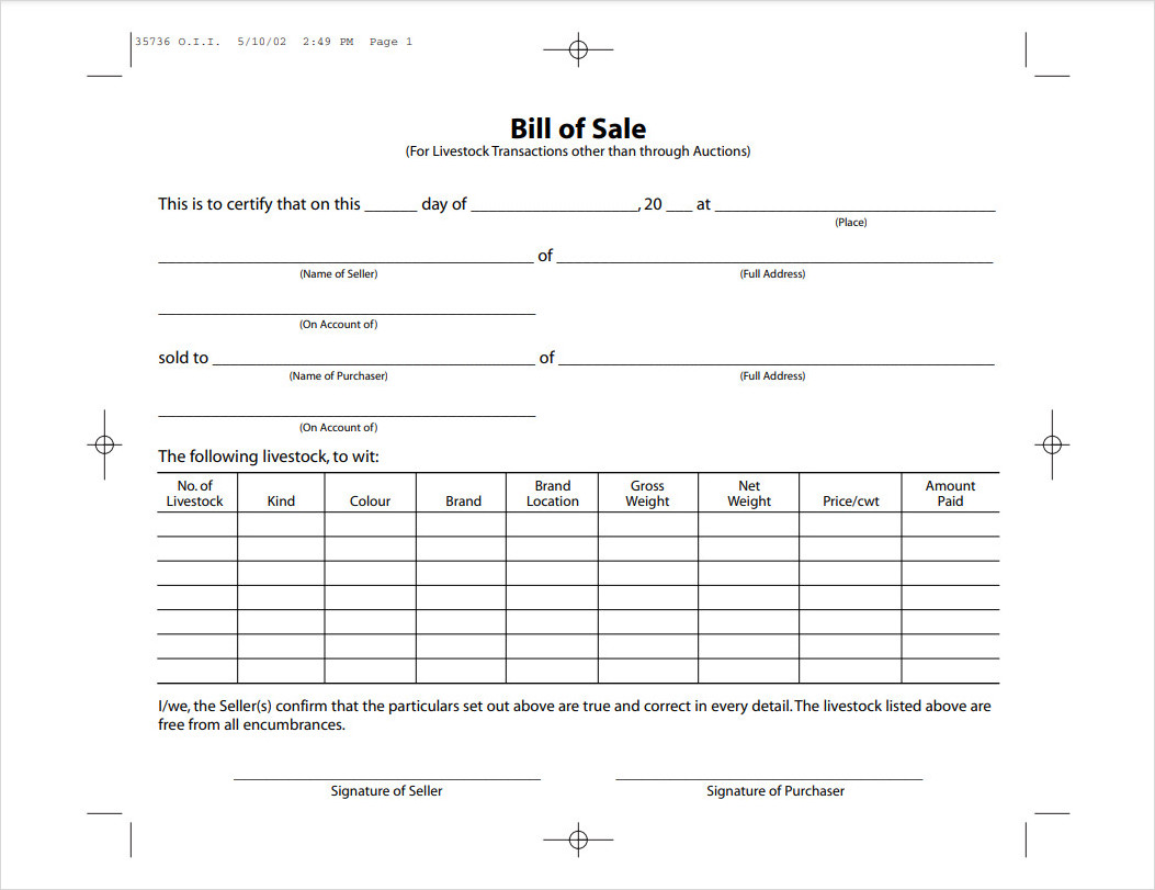 Livestock Bill of Sale Template