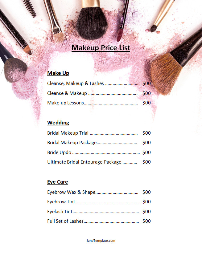 Elegant makeup price list template featuring sections for different makeup services.